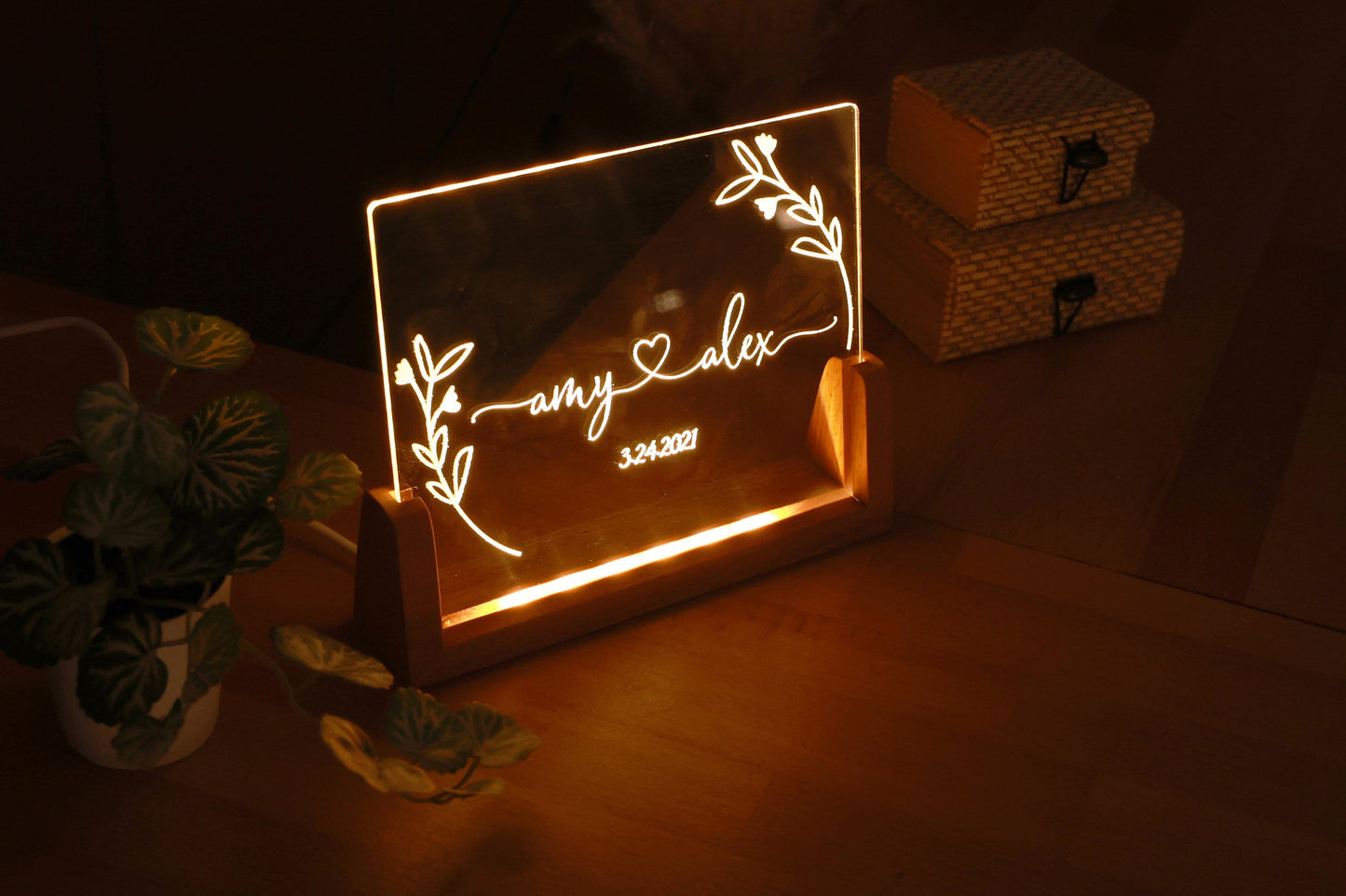 Personalized Floral Couple Name Plexi Night Light - Newly Weds Gift