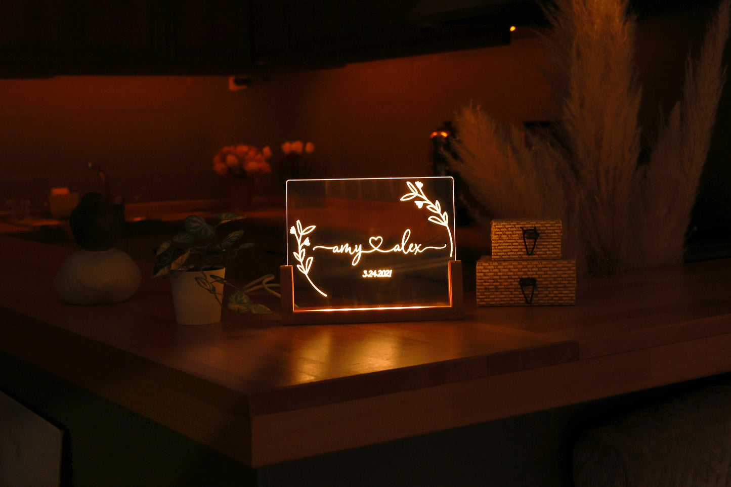 Personalized Floral Couple Name Plexi Night Light - Newly Weds Gift