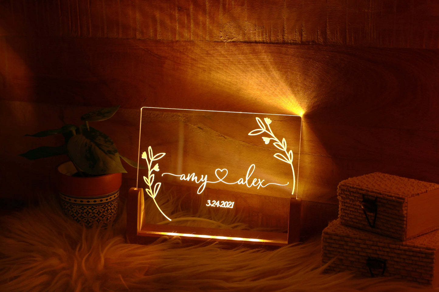 Personalized Floral Couple Name Plexi Night Light - Newly Weds Gift