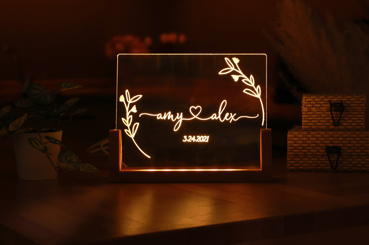 Personalized Floral Couple Name Plexi Night Light - Newly Weds Gift