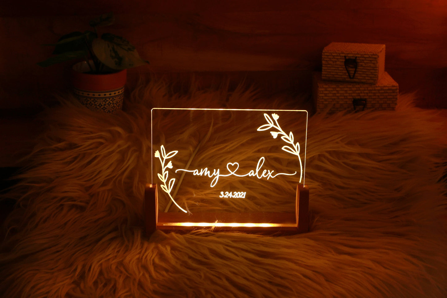 Personalized Floral Couple Name Plexi Night Light - Newly Weds Gift