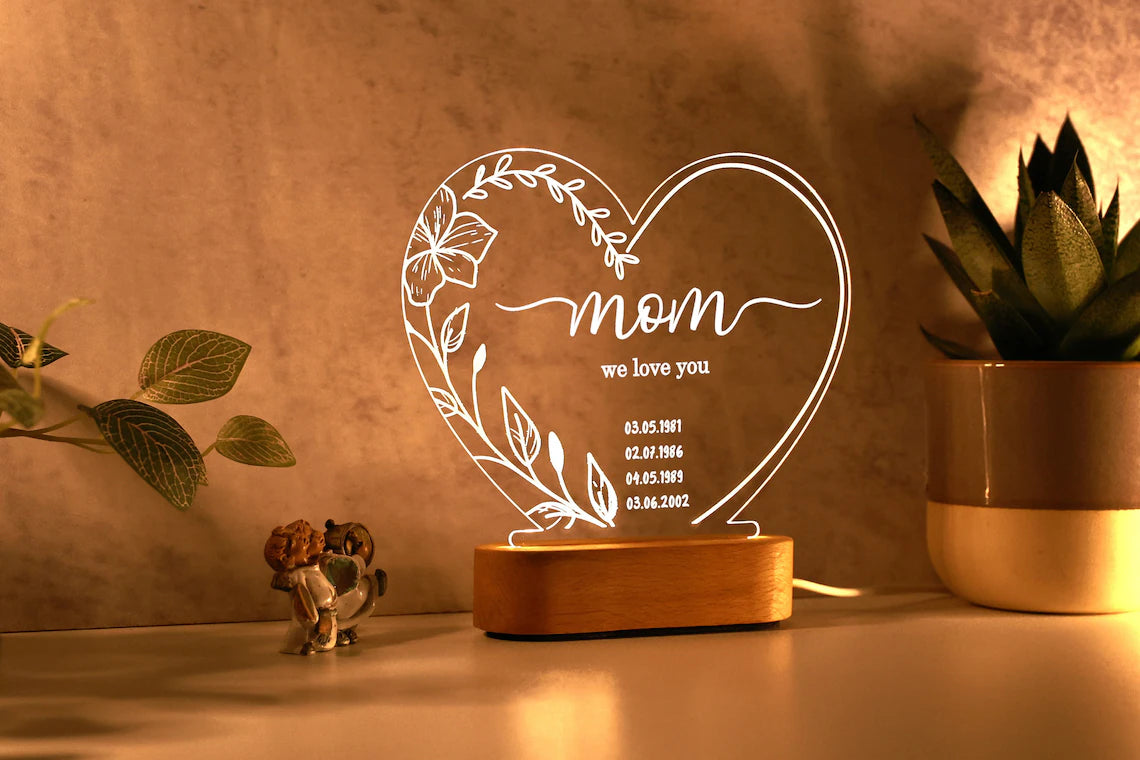 Personalized Night Light with Name or Date: Gift for Mom - Custom LED Glass Nightlight for Mother's Day - Gift for Mum - Mommy's keepsake