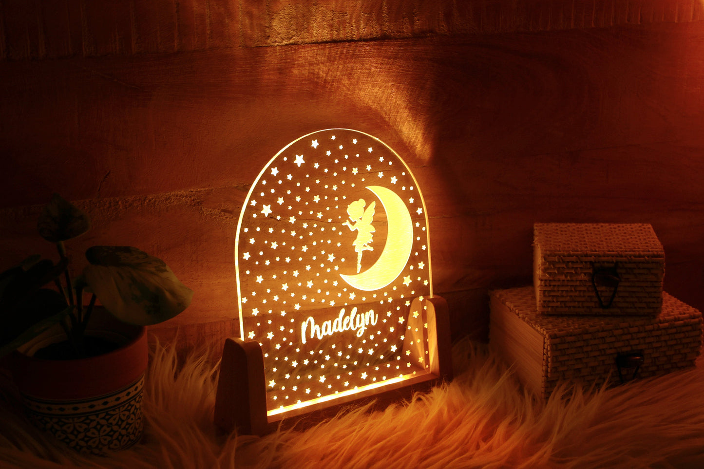 Personalized Fairy in the Moon Plexi Night Light, Custom Child's Name Nightlight