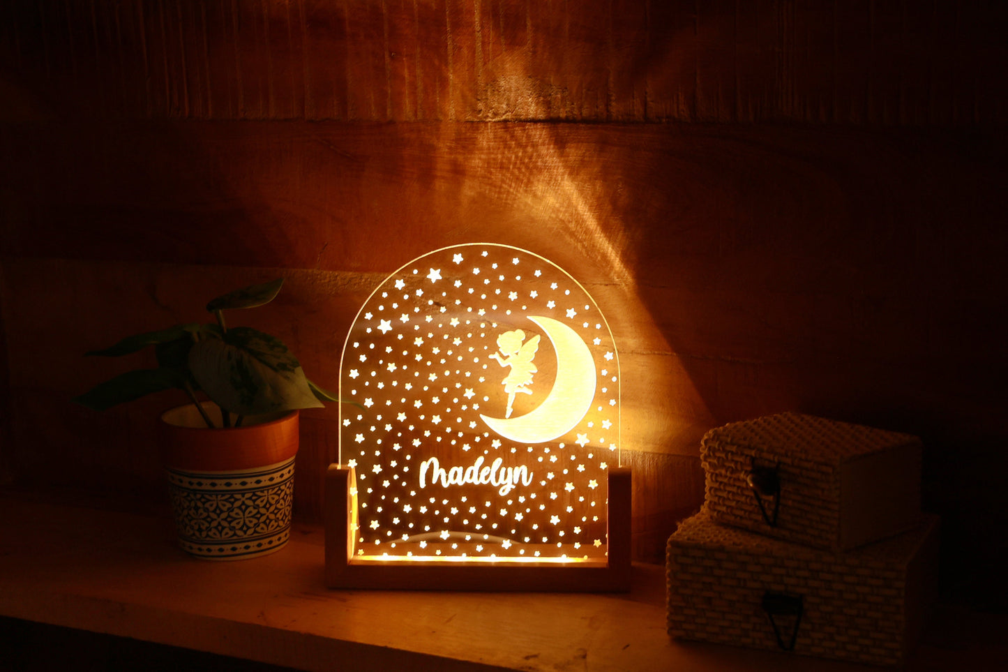 Personalized Fairy in the Moon Plexi Night Light, Custom Child's Name Nightlight