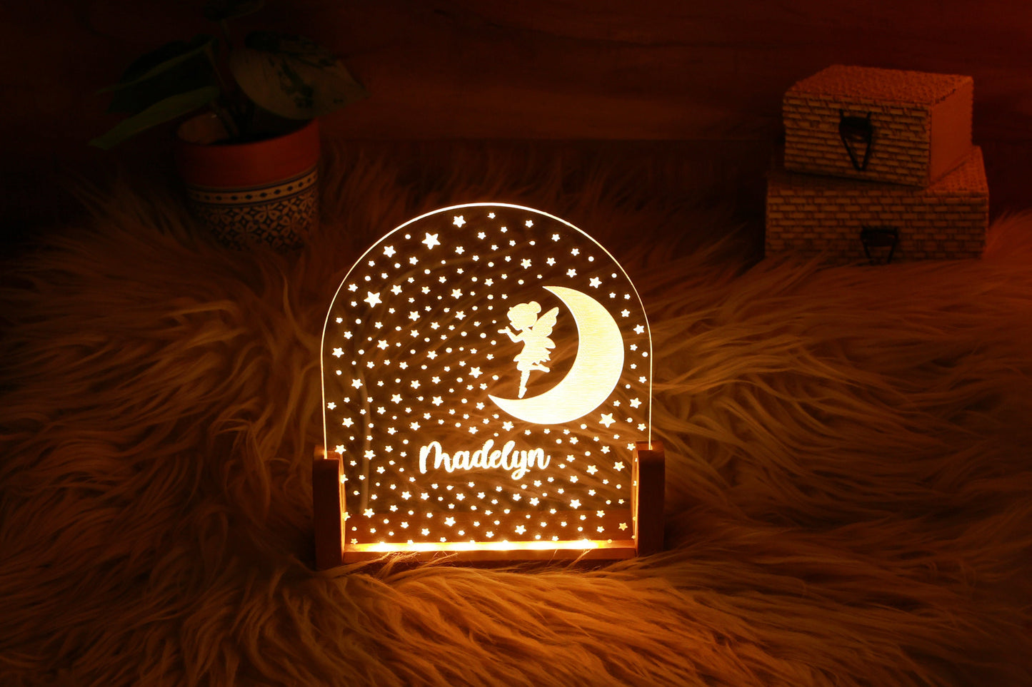 Personalized Fairy in the Moon Plexi Night Light, Custom Child's Name Nightlight