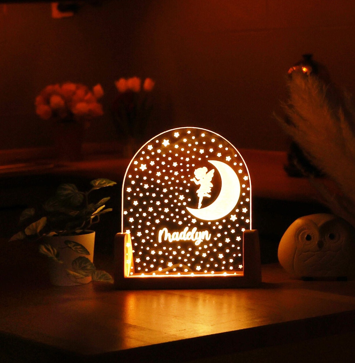 Personalized Fairy in the Moon Plexi Night Light, Custom Child's Name Nightlight