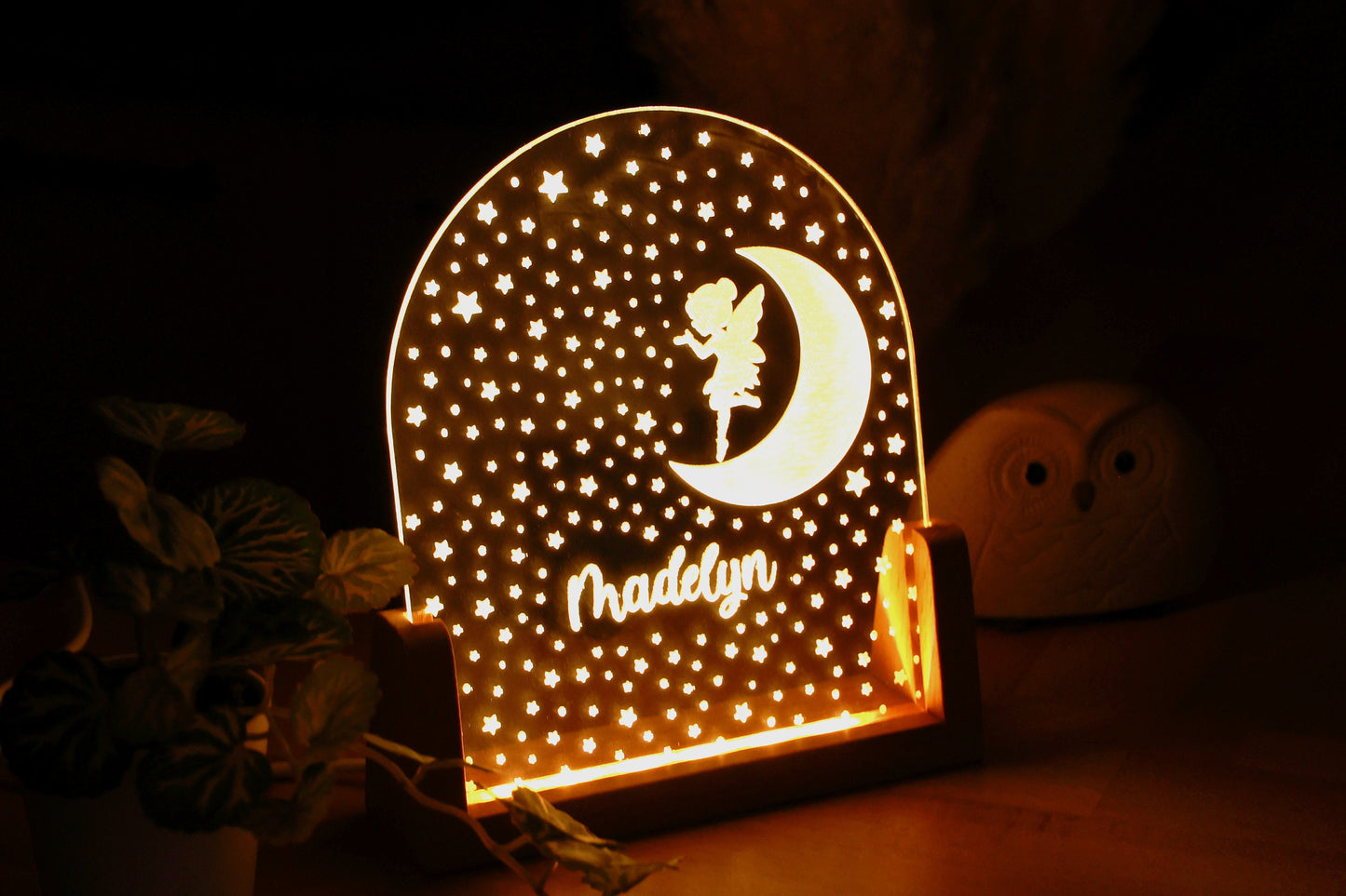 Personalized Fairy in the Moon Plexi Night Light, Custom Child's Name Nightlight