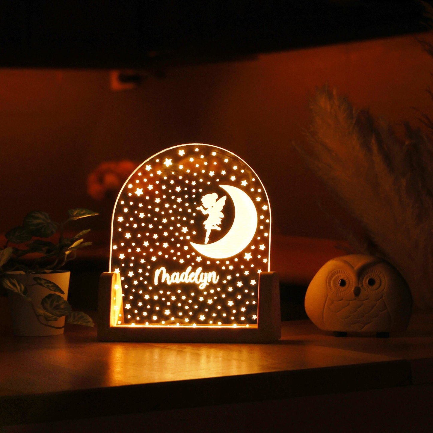 Personalized Fairy in the Moon Plexi Night Light, Custom Child's Name Nightlight